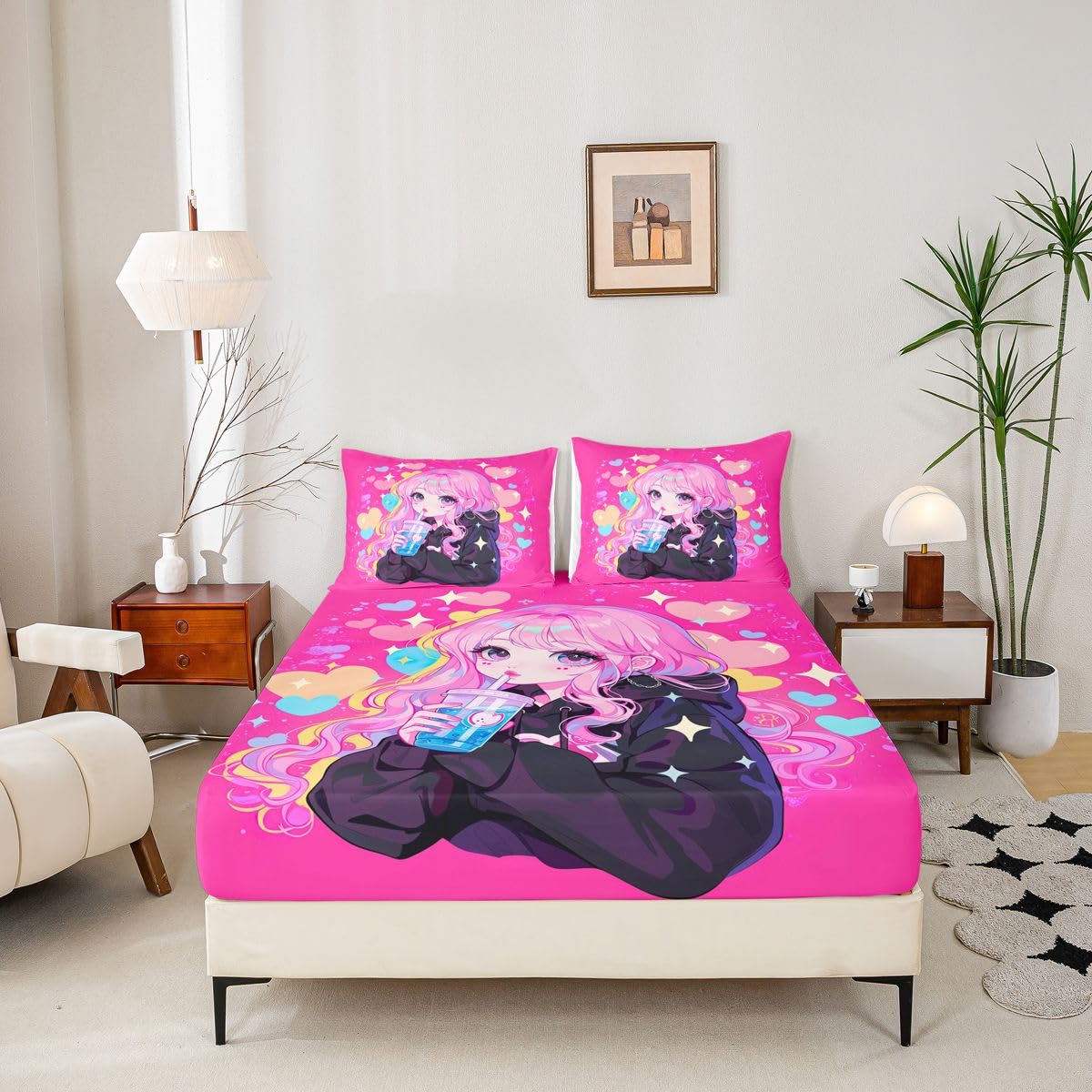 Erosebridal Preppy Girls Sheets for Boys Girls Kawaii Japanese Girl Drinking Water Fitted Sheet,Coquette Girl with Colorful Curly Hair Kids Bedding Sets Pink Anime Gifts Bed Sets Queen 3 Piece