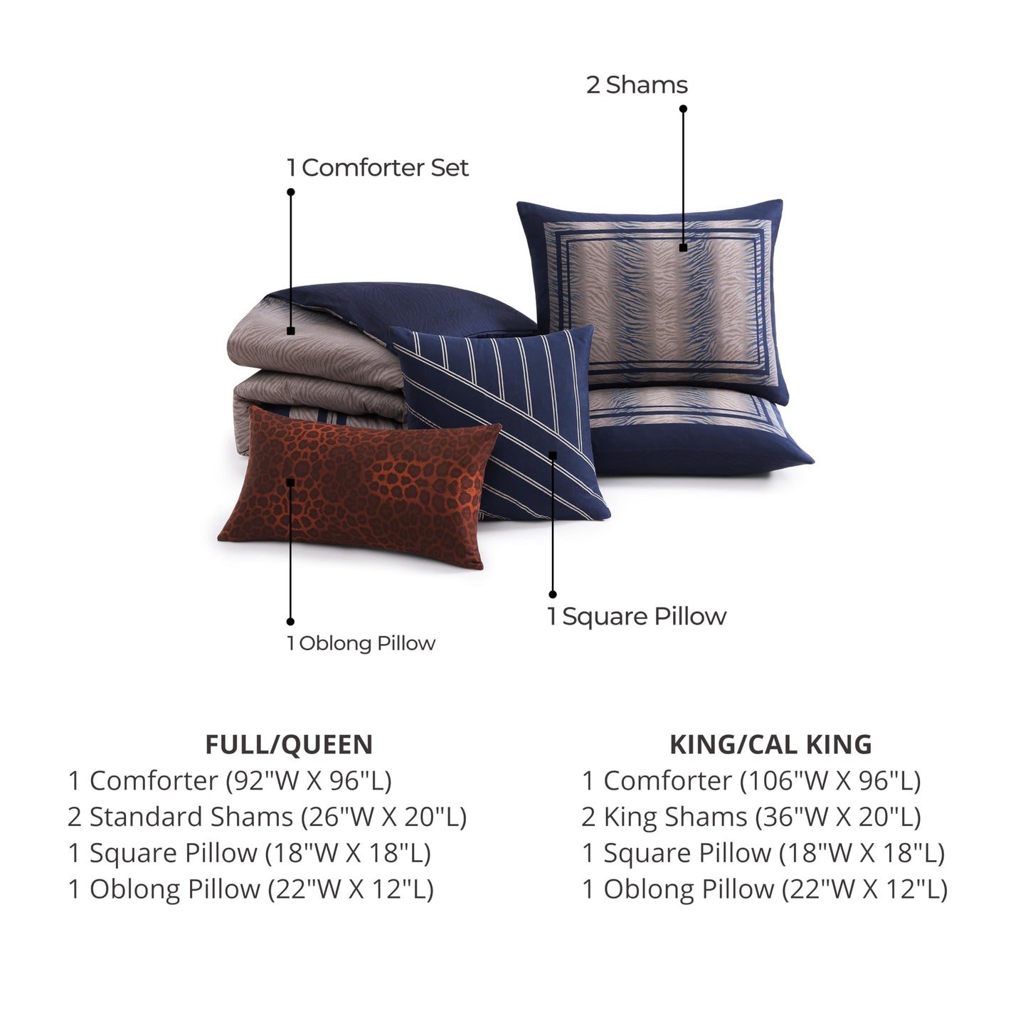 Bebejan Dark Blue Animal Prints 5 Piece Comforter Set, 100% Cotton Sateen, 220 Thread Count, Reversible Bedding Comforter Set, 1 Comforter, 2 Shams & 2 Pillows (King/Cal King)