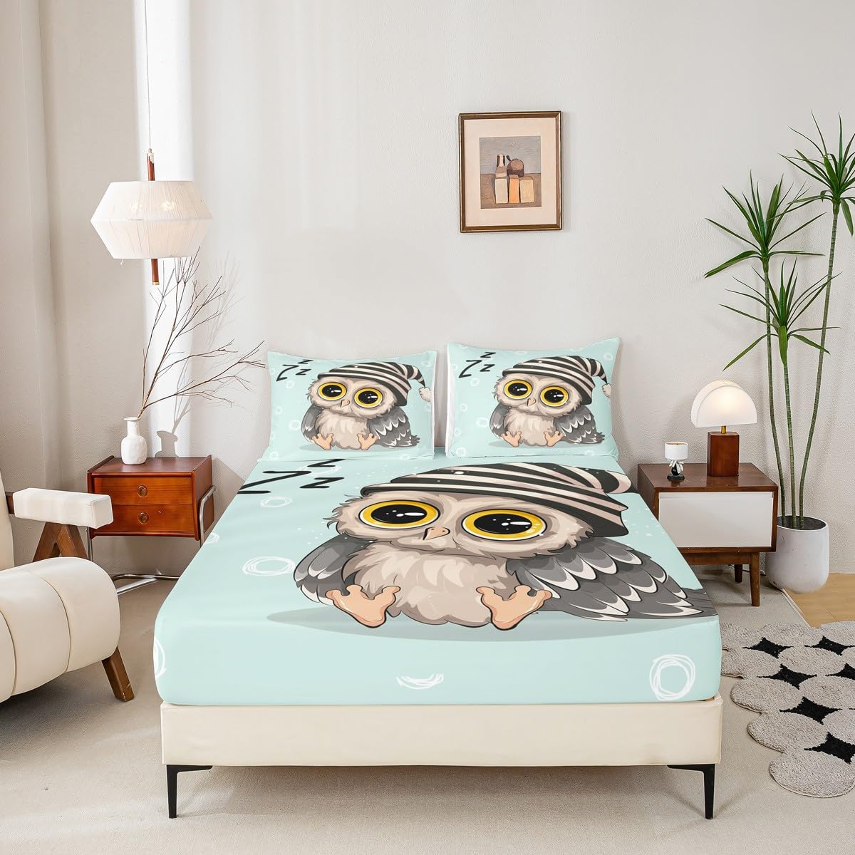 Manfei Owl Sherpa Fitted Sheet Full,Sleeping Sign Bedding Set 3pcs for Kids Teens Girls Room Decor,Contemporary Style Bed Cover Light Green Bed Sheet Set with 2 Pillowcases