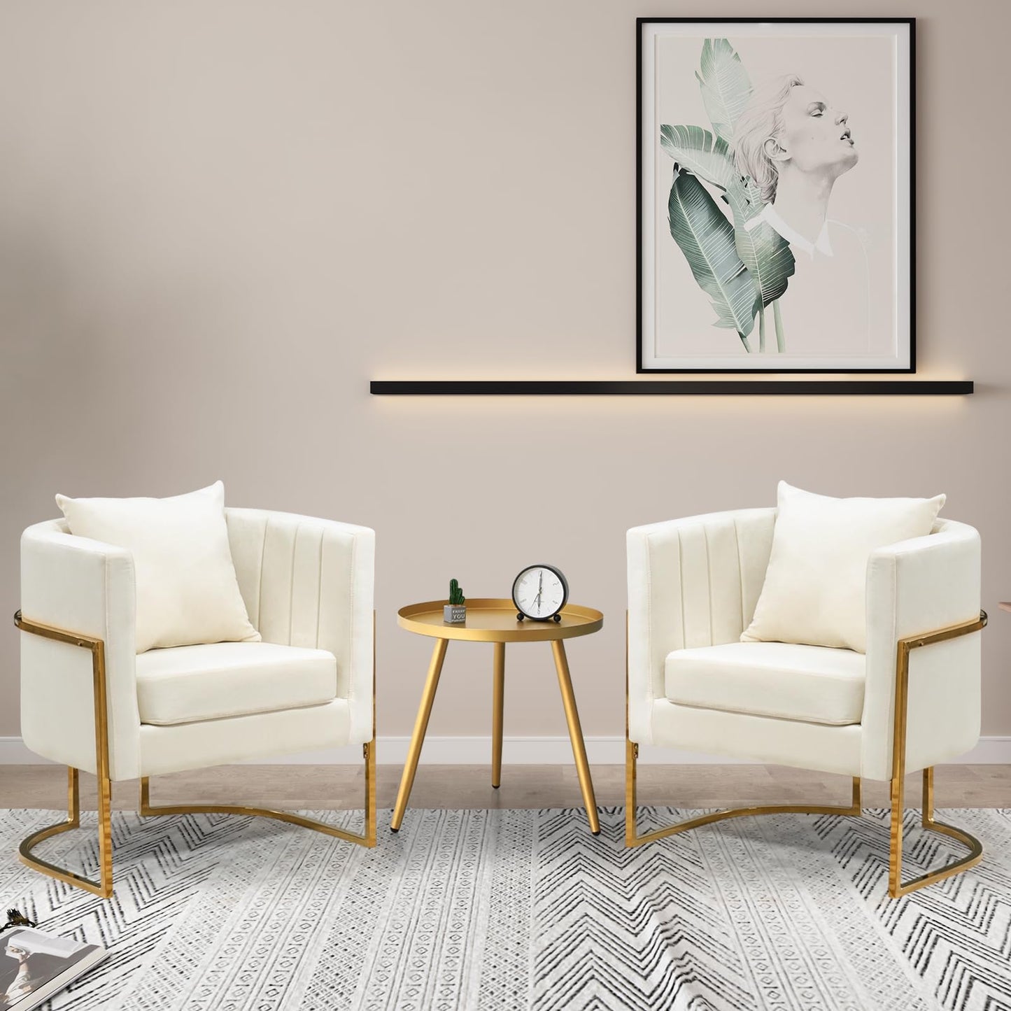 Newnno Velvet Accent Chairs Set of 2, Mid Century Modern Upholstered Barrel Armchair with Pillow for Living Room, Comfy Single Club Chair with Metal Gold Legs for Bedroom, White