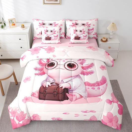 Erosebridal Pink Axolotl Comforter Set with Sheets (Queen Size,7 Pieces) | Pink Floral Cherry Blossom Quilt Cartoon Axolotl Bedding Sets Girly Cute Ocean Animal Bed in A Bag with Flat Fitted Sheets