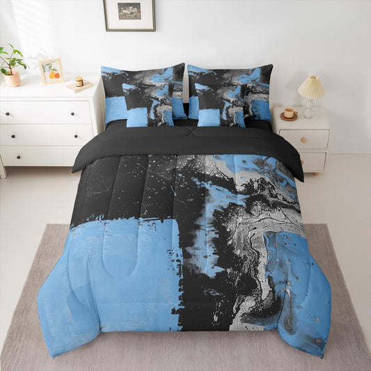 Feelyou Abstract Comforter Set King Size 7 Pieces Modern Abstract Art Bedding Set Luxury Bed in a Bag with Comforter, Sheets, Pillowcases, Cushion Covers Geometric Bedroom Decor Vivid Blue Black