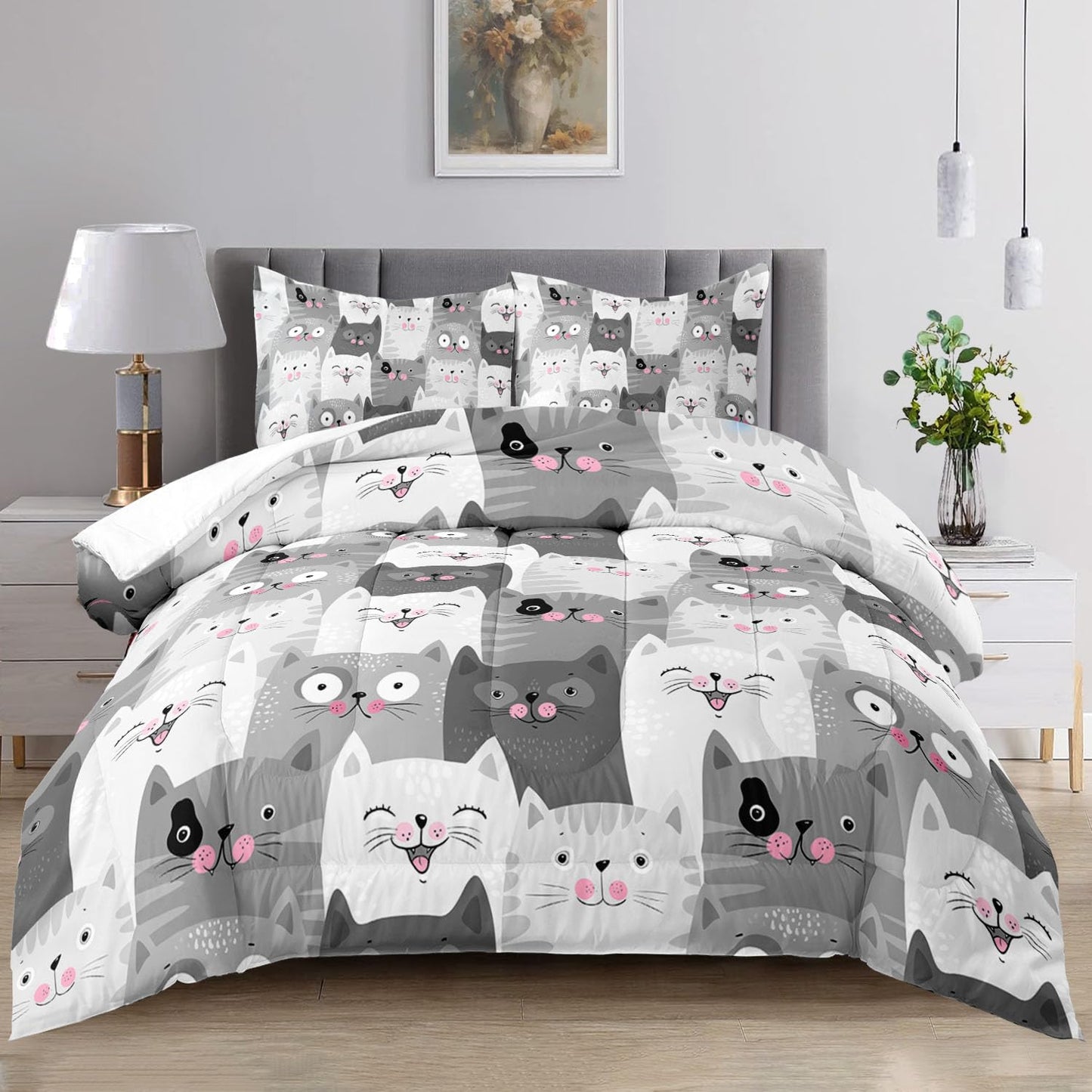 Raphus cucullatus Girls Twin Comforter Set Cat,Kawaii Cat Twin Bedding Sets for Girls,Cute Comforter Sets Twin Size Bed,Kids Animal Print Bedding Set,Girl Grey Bedding 3 Piece Twin Bed Set