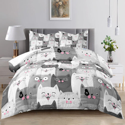 Raphus cucullatus Girls Twin Comforter Set Cat,Kawaii Cat Twin Bedding Sets for Girls,Cute Comforter Sets Twin Size Bed,Kids Animal Print Bedding Set,Girl Grey Bedding 3 Piece Twin Bed Set