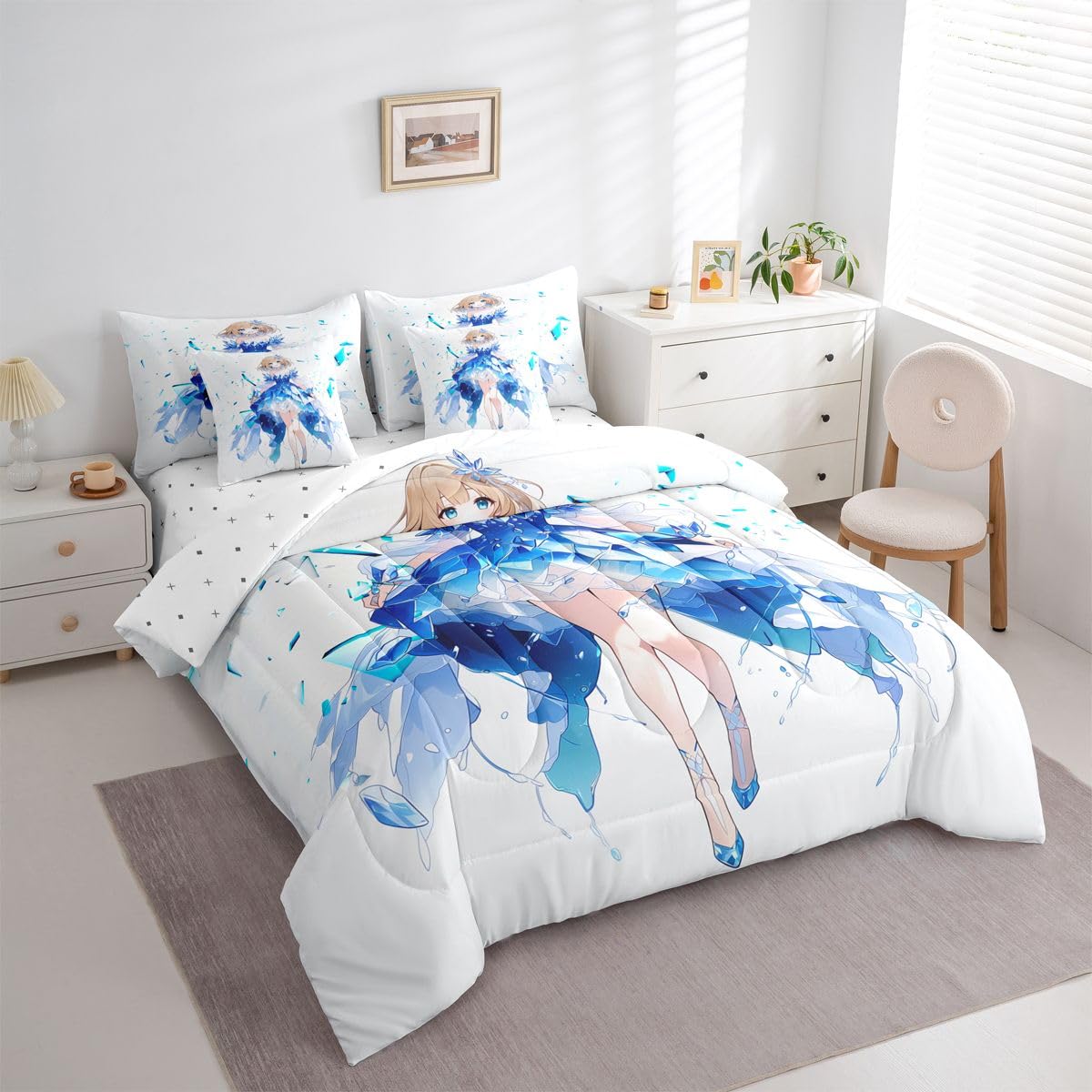 Erosebridal Anime Girl Twin Comforter Set 7 Piece Japanese Girl Bedding Set,3D Anime Cartoon Bed in A Bag for Kids,Japanese Style Sheet Set with Comforter(Blue)