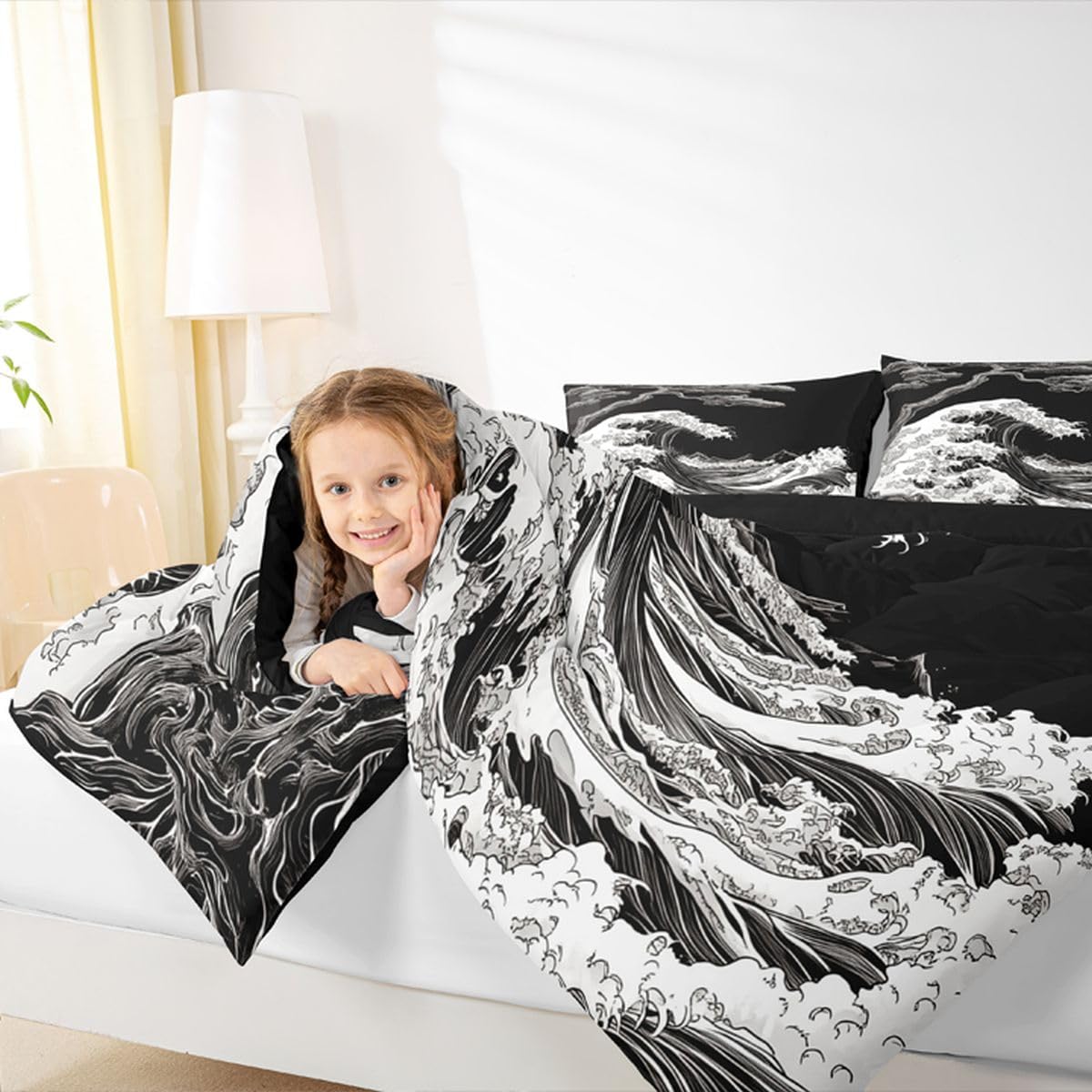 jejeloiu Wave Comforter Set All Season Japanese Style Bedding Set with 2 Pillow Cases Ocean Wave Microfiber Kids Queen Bedclothes Bedroom Decor Duvet Quilt Breathable Soft Lightweight