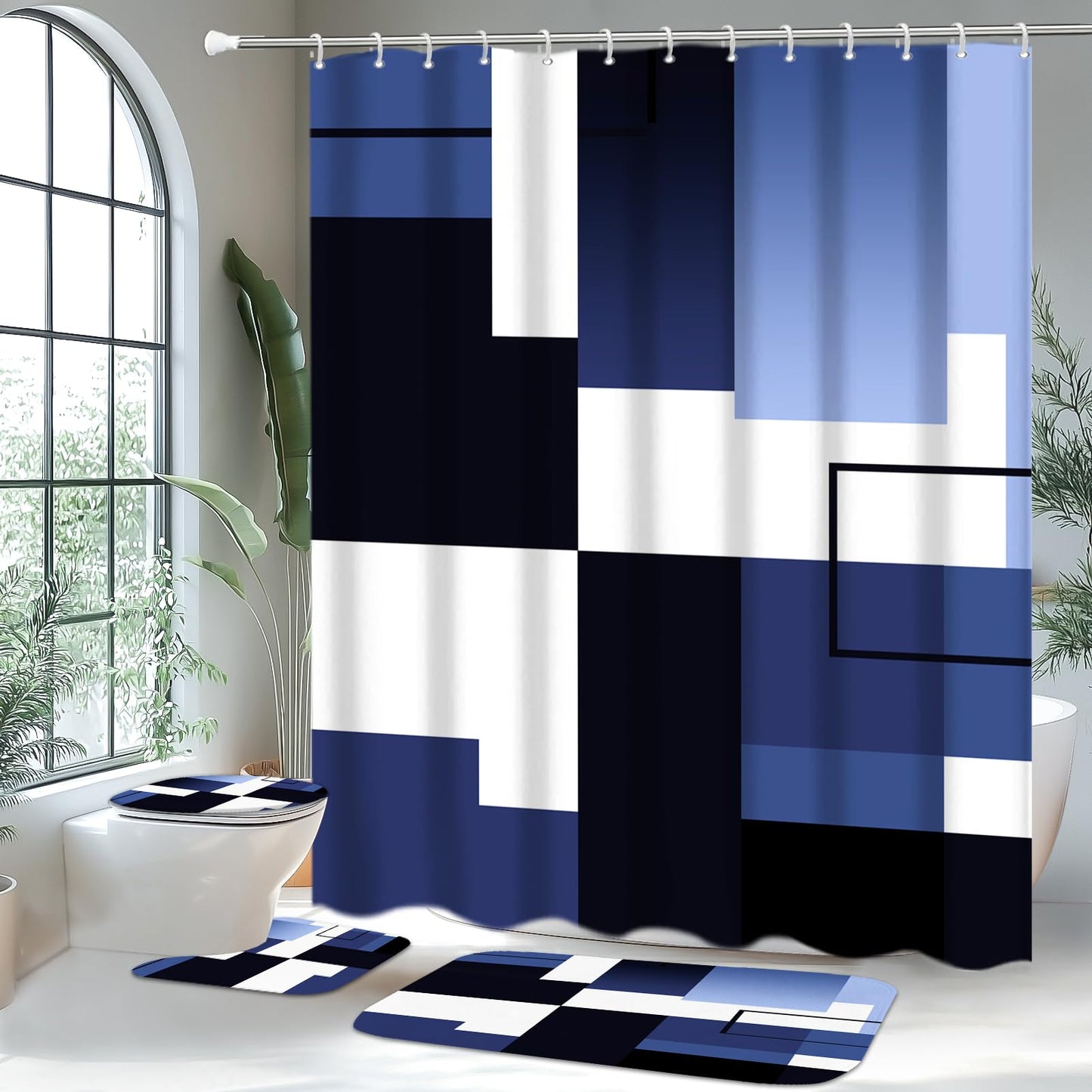 KINUUIS 4 Pcs Navy Blue Geometric Bathroom Shower Curtain Sets with with Toilet Lid Cover and Non-Slip Rugs,Navy Blue Bathroom Decor Sets with Shower Curtain and Rugs for Bathroom