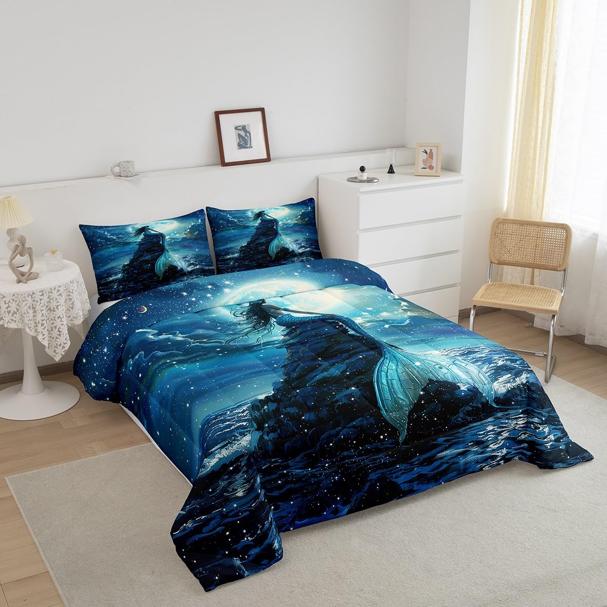 3D Mermaid Comforter Set Queen Size,Sea Moon Starry Sky Bedding Set for Kids Boys Girls Room Decor,Blue Fish Scale Fantastic Duvet Insert 3Pcs,Luxury Fashion Soft Microfiber Quilt Set,2 Pillowcases