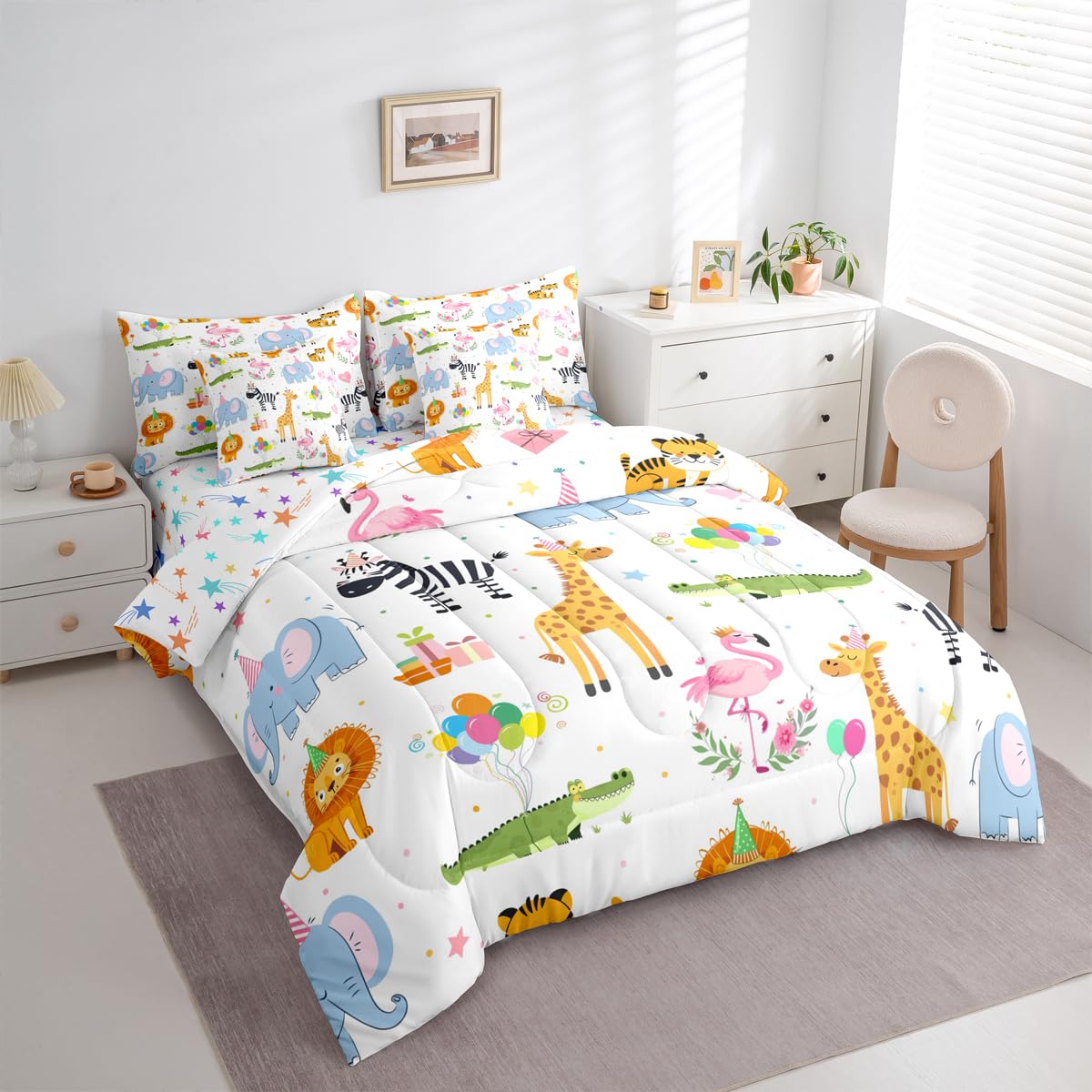 Erosebridal Party Animals 7 Piece Comforter Set Twin for Nursery | Funny Cartoon Wild Animals Bedding Set Kids Boys Girls Flamingo Giraffe Elephant Zebra Crocodile Sheets Love Heart Floral Quilt