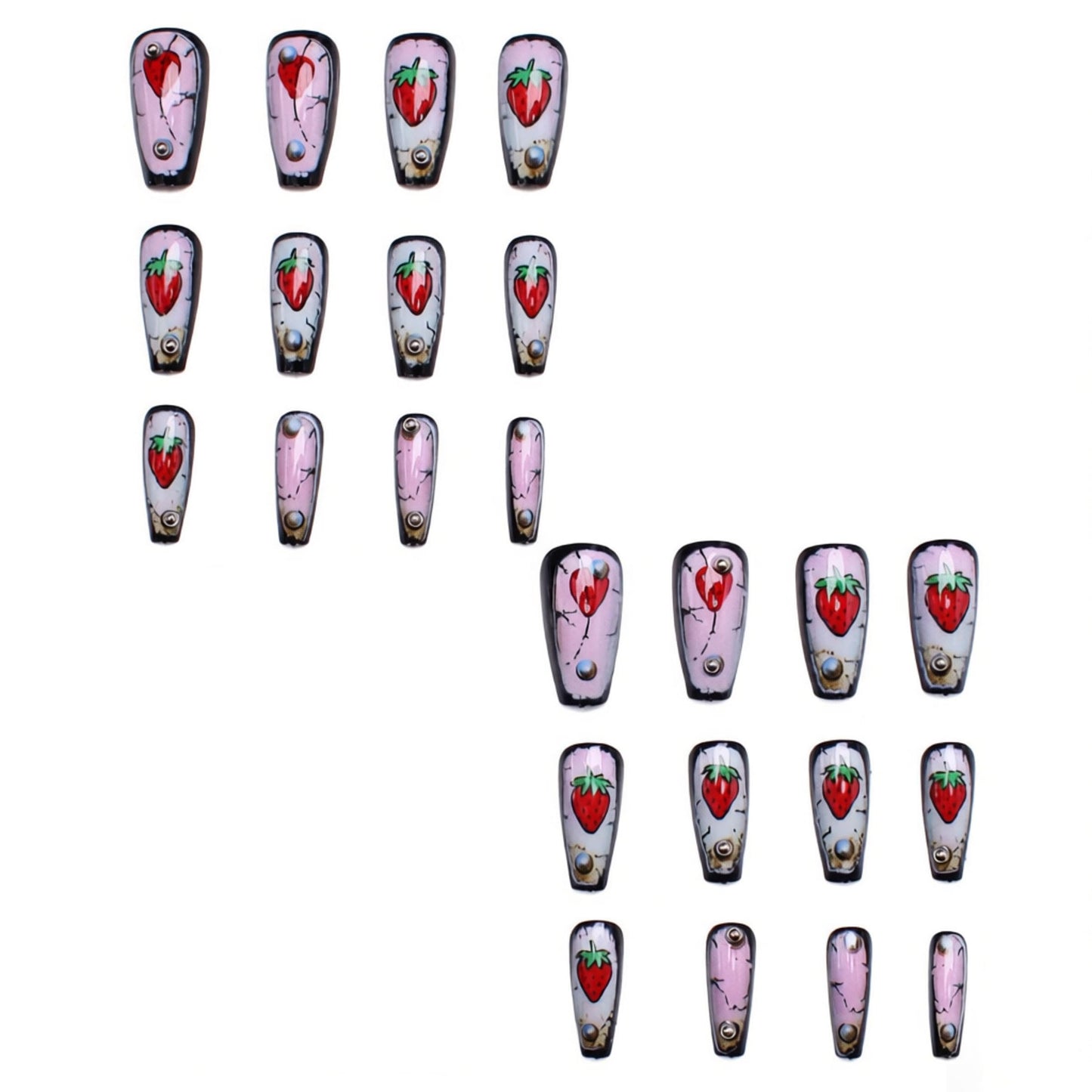 MERVF Long Press on Nails Coffin - Strawberry Fake Acrylic Glue ons, Pink Aura Design 24pcs Glossy Finish