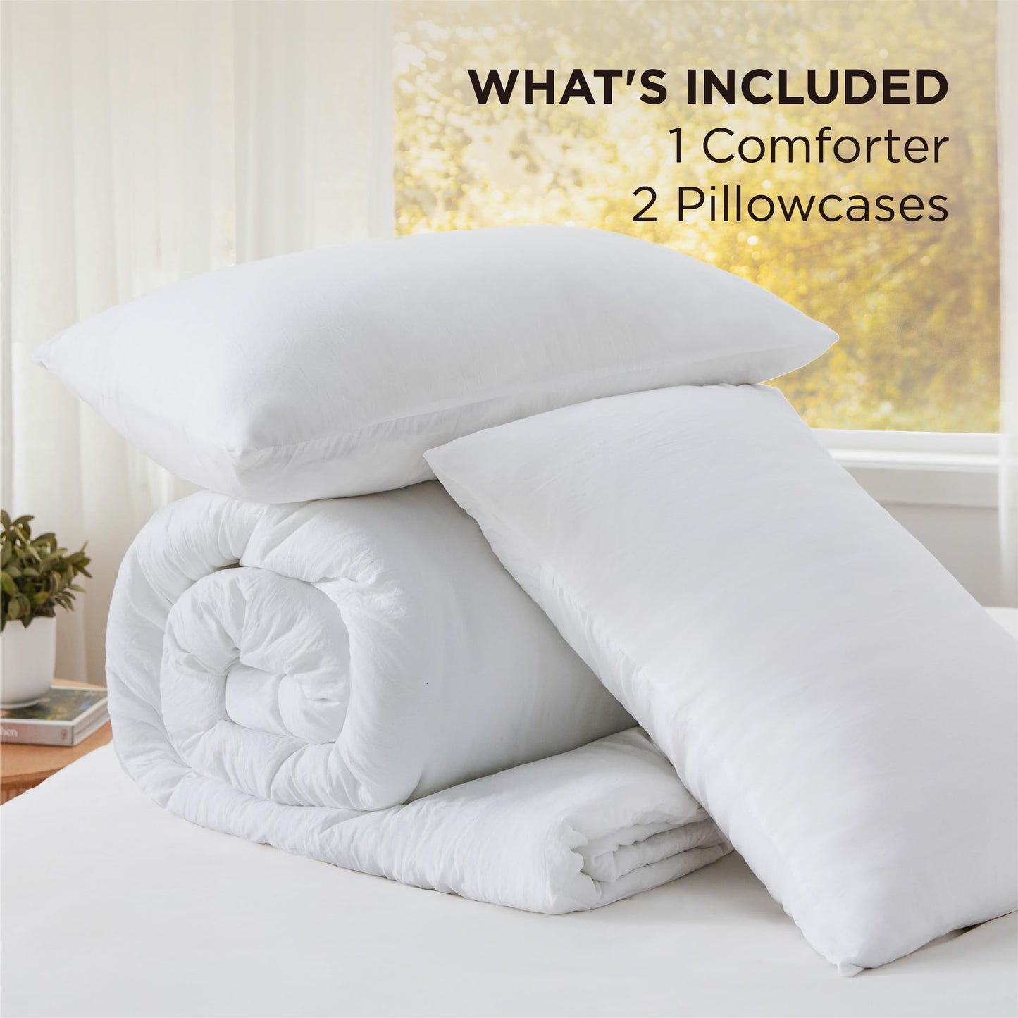 Bedsure Queen Comforter Set, White Soft Prewashed Bedding for All Seasons, 3 Pieces GentleSoft™ Bed Set, 1 Lightweight Comforter (90"x90") and 2 Pillowcases (20"x26")