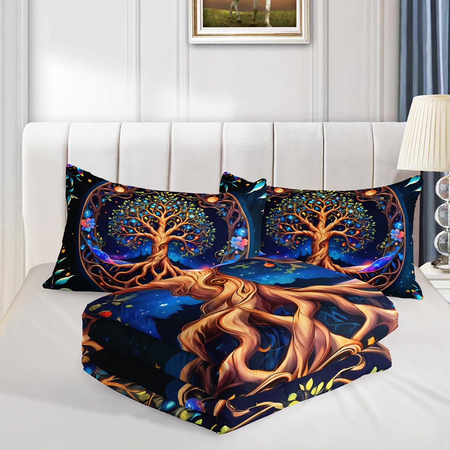 HOSIMA Tree of Life Boys Queen Size Bedding Set,Tree of Life Surrounded by Butterflies Leaves Print Galaxy Comforter for Teenage Girl Room Decor,Fluffy Aesthetic Bedding with 2 Pillowcases.