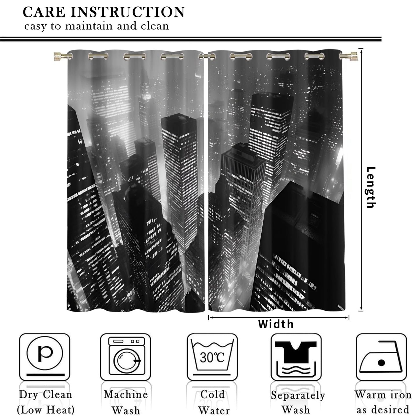 City Night View Blackout Curtains, Black and White Buildings Curtains for Living Room, City Aesthetics Black Out Bedroom Curtain Thermal Insulated Grommet Drapes 2 Panels, for Boys Room 26"W x 63"L x2