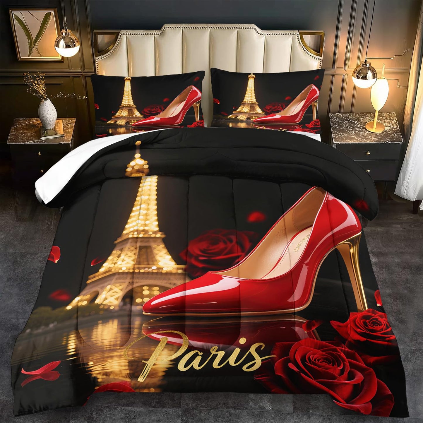 llyxsesty Paris Comforter Set Queen Women Eiffel Tower Bedding Set for Girls Red High Heels Comforter Queen Women Quilt Romantic Bedroom Decor Paris Bedding Rose Bed Decor