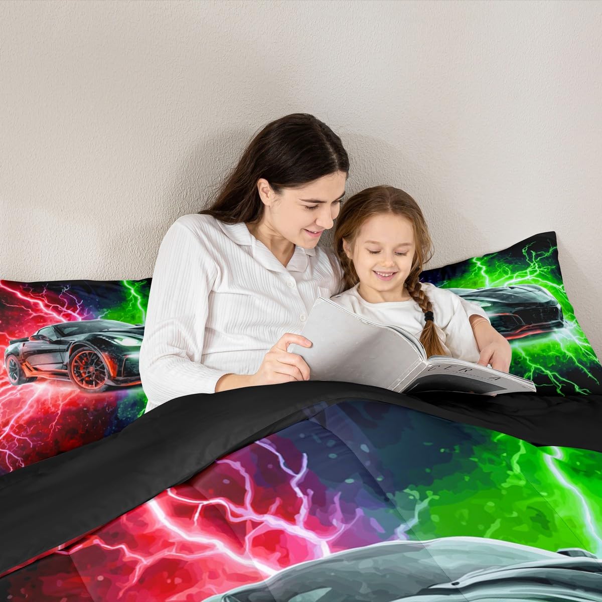 jejeloiu Racing Car Bedding Set Soft for Boys Girls, Race Car Comforter Set Twin Size Extreme Sports Duvet Quilt Microfiber Red Green Bedroom Decor 2 Pcs with 1 Pillow Cases