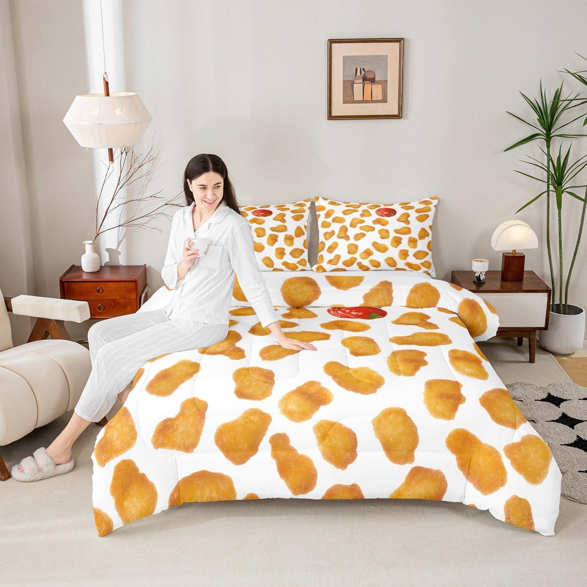 Erosebridal Chicken Nuggets Fried Comforter Set for Kids Boys Girls Teens Adult Food Bedding Set Queen Size Funny Food Down Comforter Men Women Duvet Set Bedroom Decor, Yellow