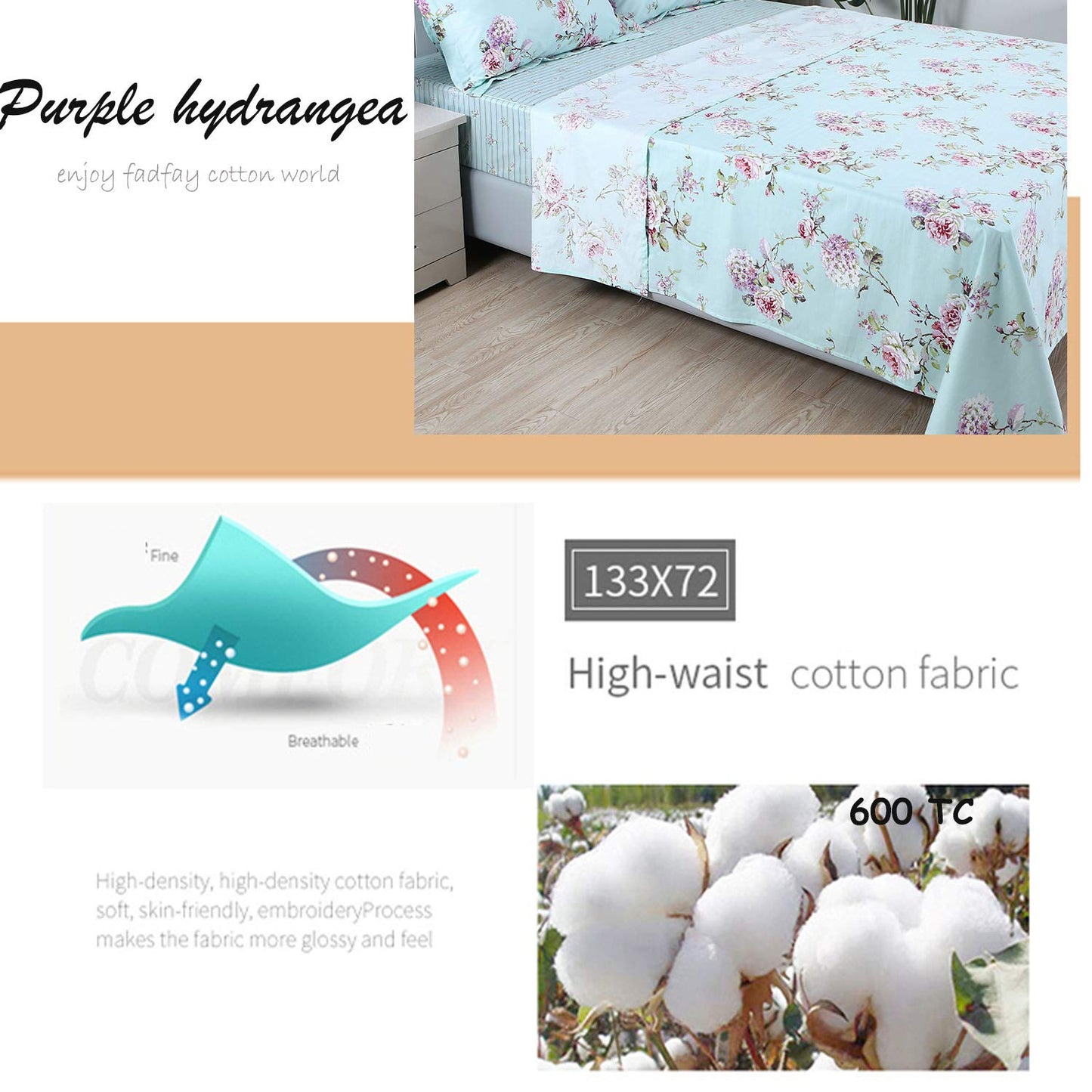 FADFAY Sheet Set King Farmhouse Bedding Rose and Hydrangea Flower Printed 100% Cotton Blue Floral Bed Sheet Shabby Vintage Deep Pocket Fitted Sheet 4-Pieces King