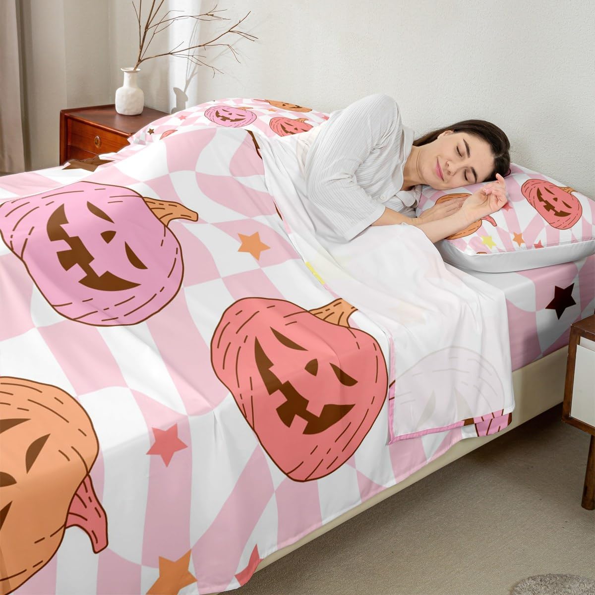 Feelyou Pink Halloween Bed Sheets Set Full Size Halloween Decor Bed Set for Kids Boys Girls Pumpkin Deep Pocket Fitted Sheet Trick or Treat Breathable Soft Lightweight Microfiber