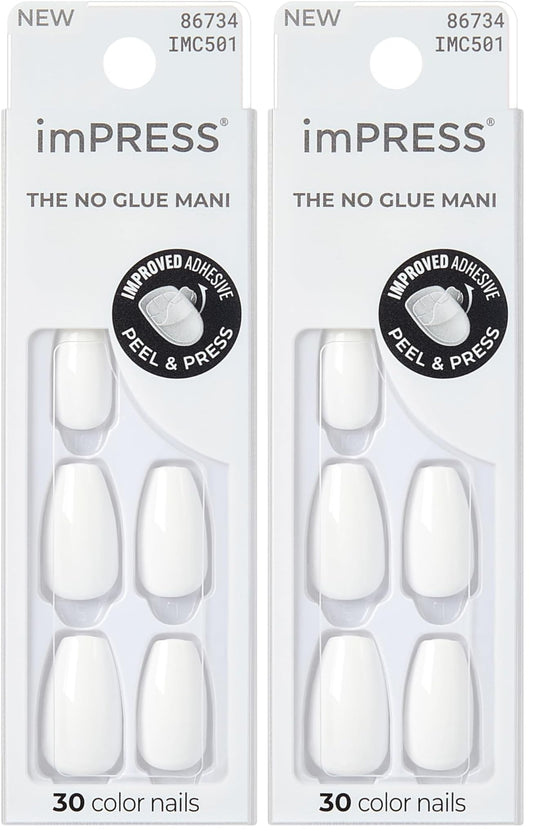 KISS imPRESS No Glue Mani Press On Nails, Color, 'Frosting', white, Medium Size, Coffin Shape, Includes 30 Nails, Prep Pad, Instructions Sheet, 1 Manicure Stick, 1 Mini File (Pack of 2)