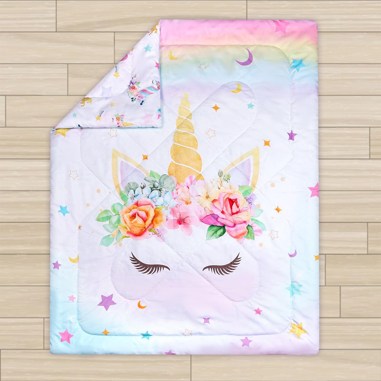 Toddler Bedding Sets for Girls, Unicorn Toddler Crib Bedding Set 4 Piece Pink Floral Toddler Comforter Set Includes Flat Top Sheet, Fitted Sheet, Comforter, Envelope Pillowcase, Soft & Comfort