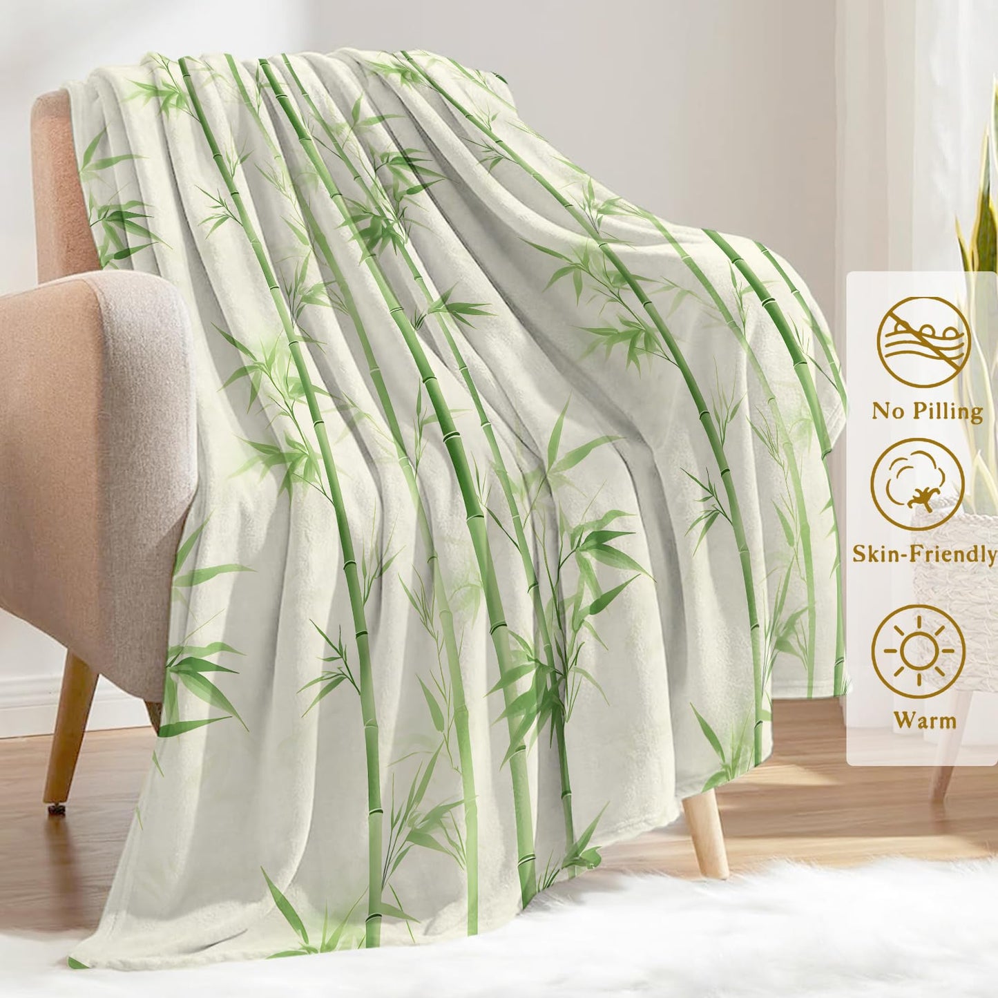 ainori Tranquil Zen Flannel Blanket - Bamboo Grove with Soothing Green Bamboo on Cream Throw - Soft Cozy Gifts Blankets for Nature Lovers, Modern Spa Room Decor,Peaceful Home Accents 50x60in