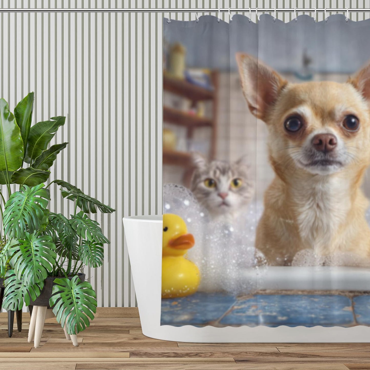Wordatu Chihuahua Shower Curtain Bathroom Set 72X72 Inches Funny Cat Lovely Animals in Bathtub for Boys Bath Farmhouse Art Home Decor Fabric 12 Hooks