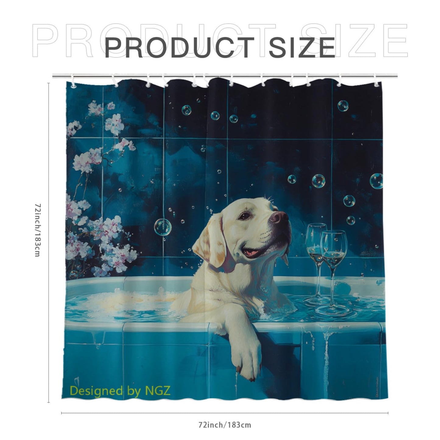 NGZ Funny Labrador Retriever Shower Curtain, SPA with Wine, Blue Shower Curtain, 72x72 Inches Shower Curtains for Bathroom, Bath Curtains Set with 12 Hooks