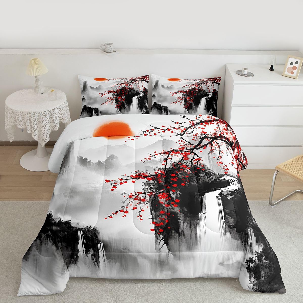 jejeloiu Chinese Ink Painting Kids Comforter Set Queen Size Cherry Blossom Bedding Set Red Sun Mountain Duvet Quilt for Kids Boys Girls Bedroom Japanese Style Decor Microfiber Ultra Soft Breathable