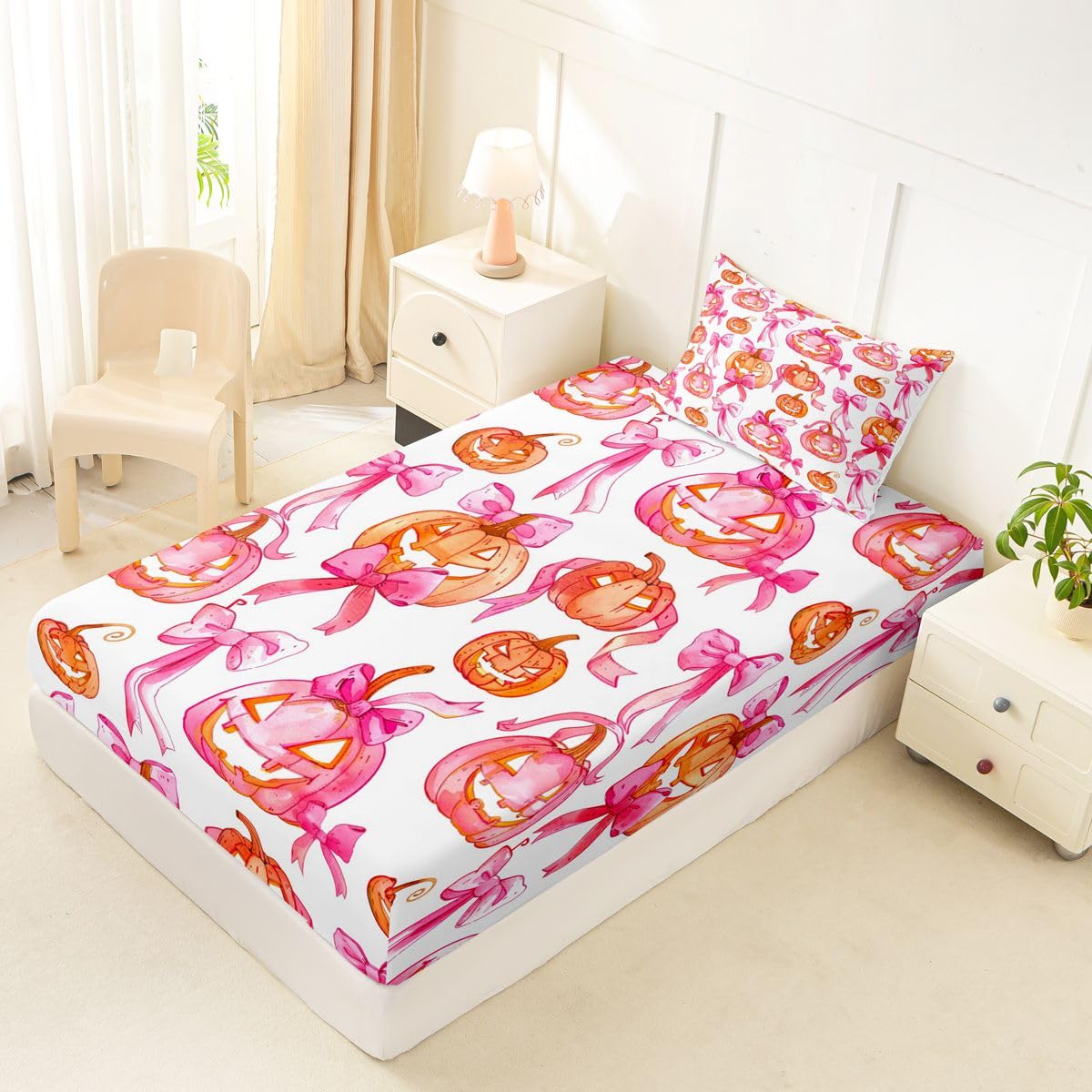 Feelyou Fitted Sheet Twin Size for Kids Boys Girls Halloween Themed Bed Sheets Set 16" Deep Pocket Soft Breathable Microfiber Bowknot Bedding with 1 Pillowcase Room Decor