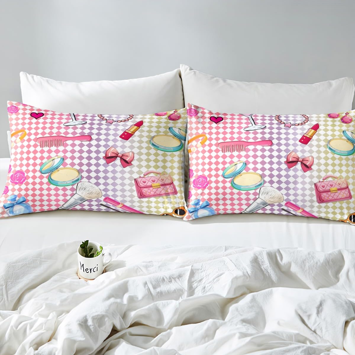 Erosebridal Cute Modern Fashion King Bed Sheets for Girls Women - Colorful Plaid Grid Checked Sheets Makeup Chic Trendy Flat Fitted Sheet Girly Coquette Fashion Bed Sets