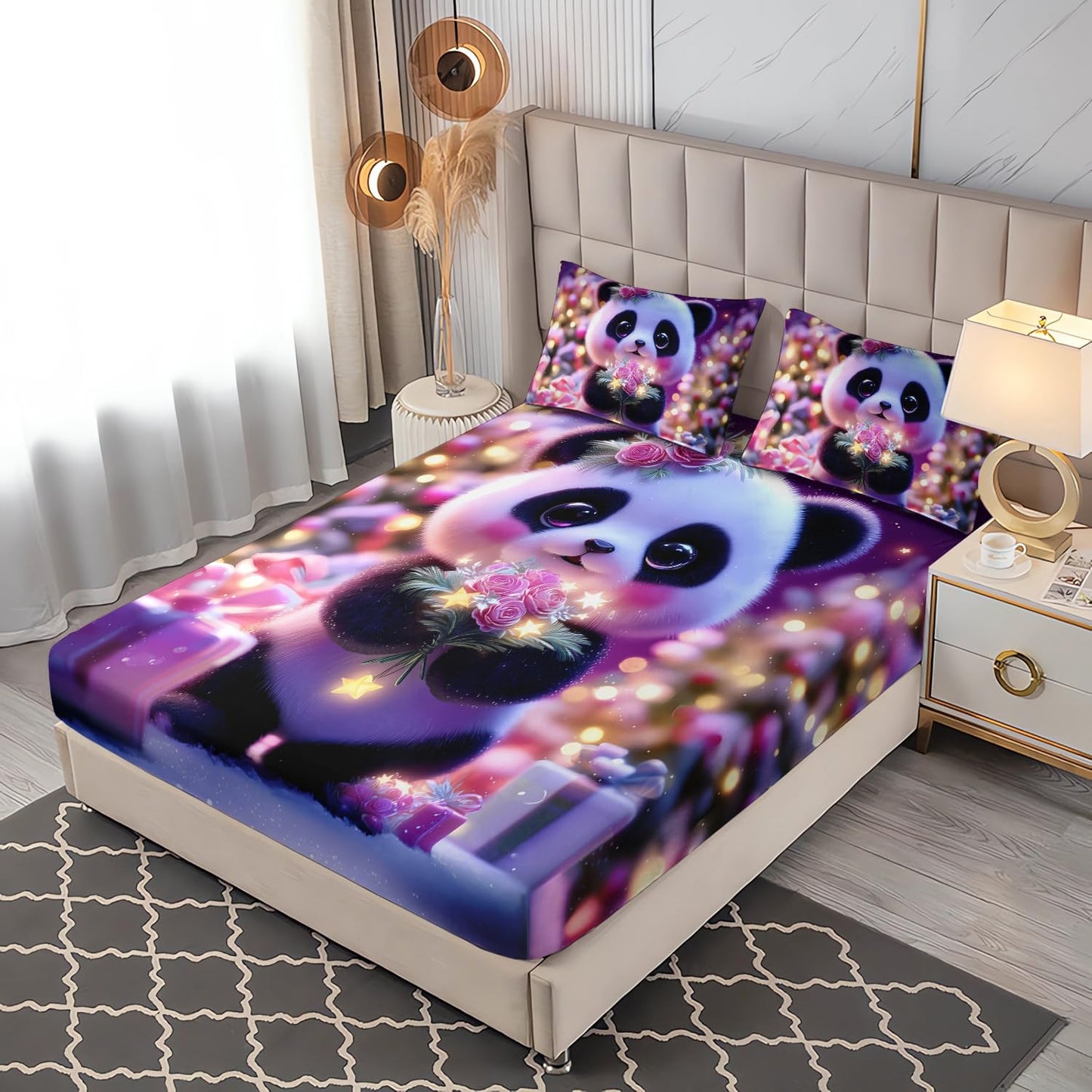 UEVBF Cute Panda Fitted Sheet Set Twin Size,Flowers Stars Toddler Bedding for Kids Girls Boys Room Decor,Kawaii Cartoon Animal Themed Bedding Sets,1 Fitted Sheet+2 Pillowcases.