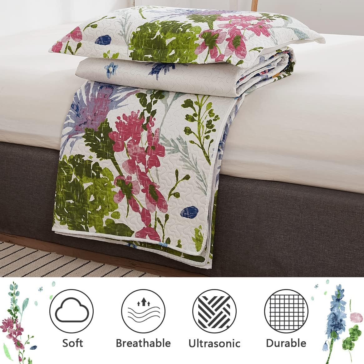 Lightweight Thin Multicolor Botanical Bedspread Coverlet Set King Size Breathable Blue Purple Green White Flower Plant Garden Quilts Bed Cover Floral Bedding with 2 King Random Pillow Shams
