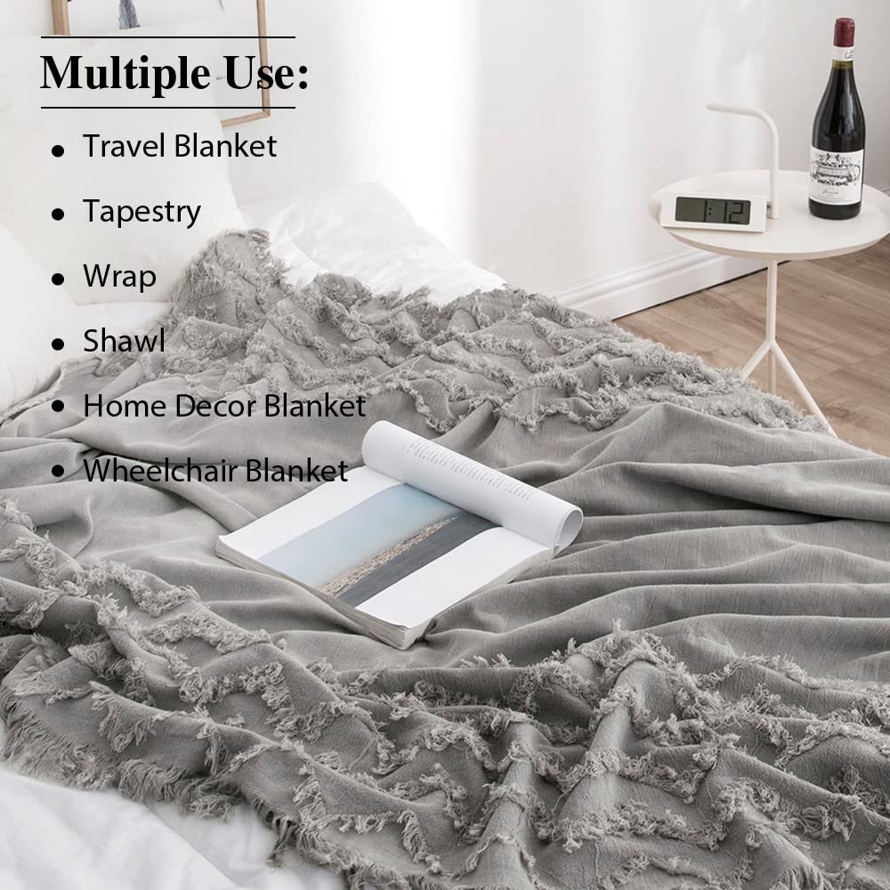 Simple&Opulence 100% Cotton Throw Blanket for Bed, Couch, Tufted Zigzag Knit Woven Boho Blanket with Tassels Soft Lightweight Breathable Cozy Blanket Farmhouse Decoration for All-Season(Grey)