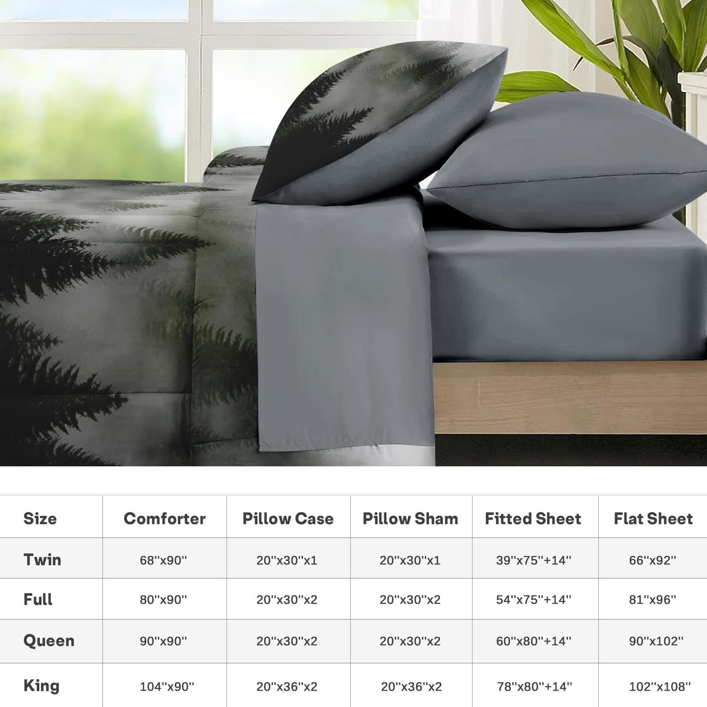 Nesker Comforter Set Full Size, Tree Mountain Forest 7 Pcs Bedding for Kids and Adults, Wood Fog Pine Bed Sheet Sets with Fitted Sheet 2 Pillowcases & 2 Shams