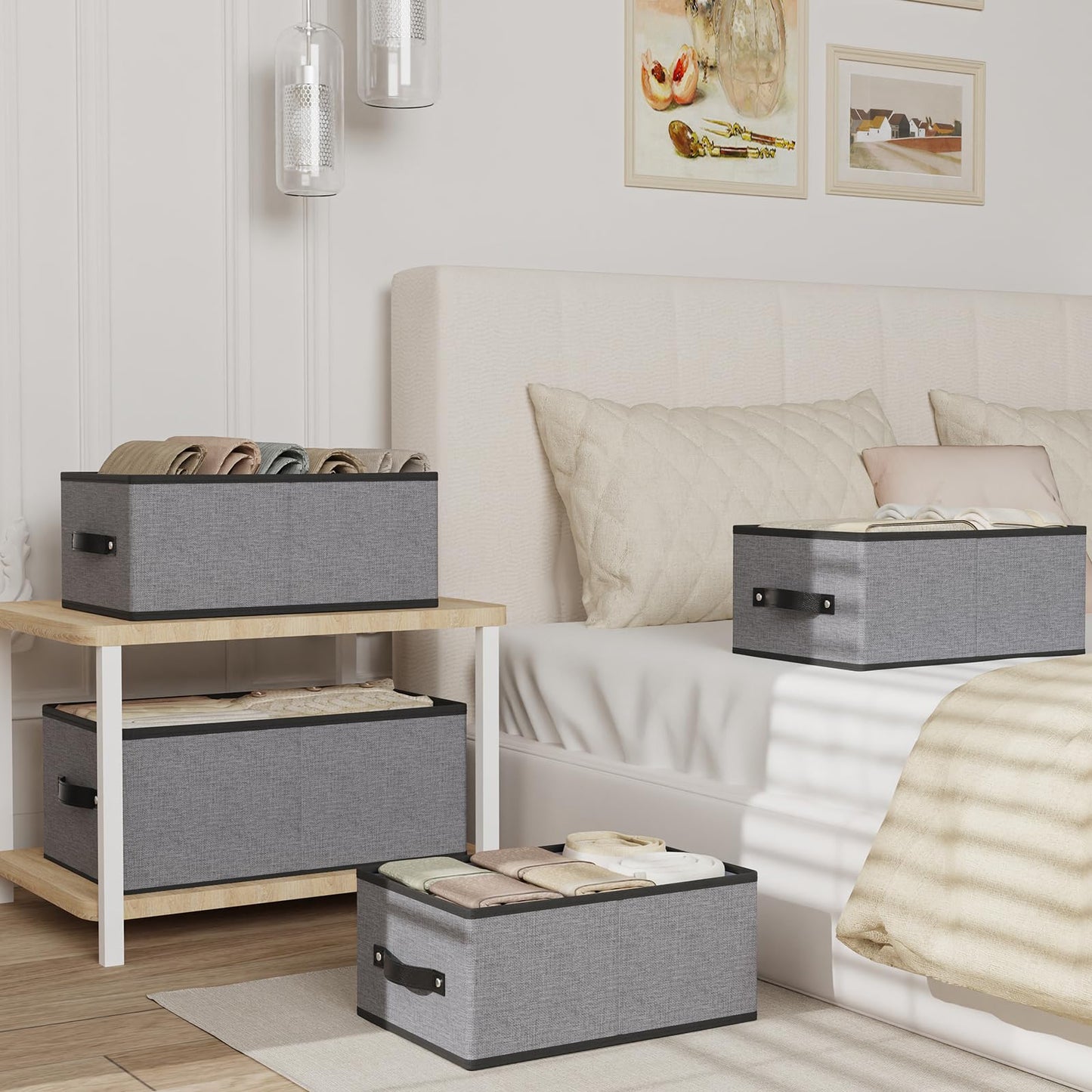 YheenLf Foldable Storage Boxes, Storage Baskets with Handles, Fabric Cube Organizer Bins for Shelves Bedroom Laundry, 13 × 9.1 × 5.5 Inch, Gray, 4-Pack