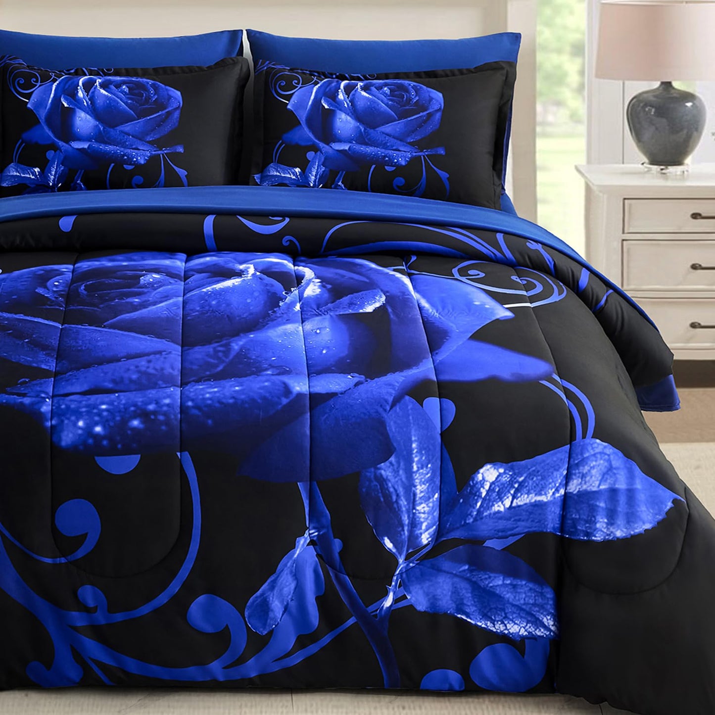 WONGS BEDDING Blue Comforter Set King 7 Pieces, Reversible Blue Rose Bed in a Bag, Lightweight Soft Microfiber Bedding Sets with Flat Sheet, Fitted Sheet, Pillowcases & Shams