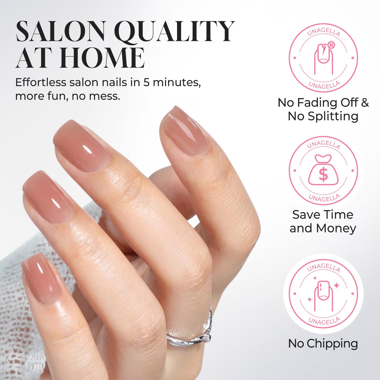 UNA GELLA Short Square Press On Nails, Soft Gel Fake Nails, 32Pcs 16 Sizes Natural Fit False Nails, Sheer Nude Jelly Beige Glossy Glue On Nails with Glue and Adhesive Tabs