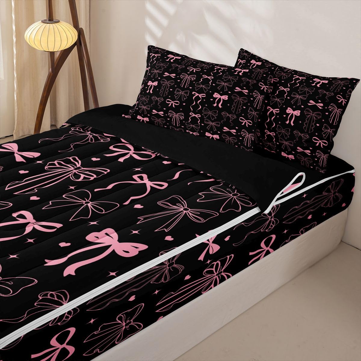 Feelyou Bow Zipper Bedding Full Bowknot Zipper Bedding Sets for Kids Boys Girls Black Pink Bow Comforter Set with Fitted Sheet and 2 Pillowcases Kawaii Bedroom Decor Black Pink