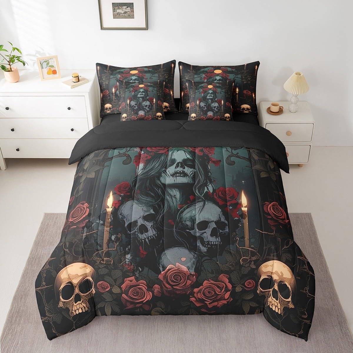 Erosebridal Rose Skull Full Comforter Set Goth Skull Valentine's Day 7 Piece Bedding Set Romantic Flowers Skeleton Bed in A Bag Cross Candle Sheet Set with Comforter for Teen Adults