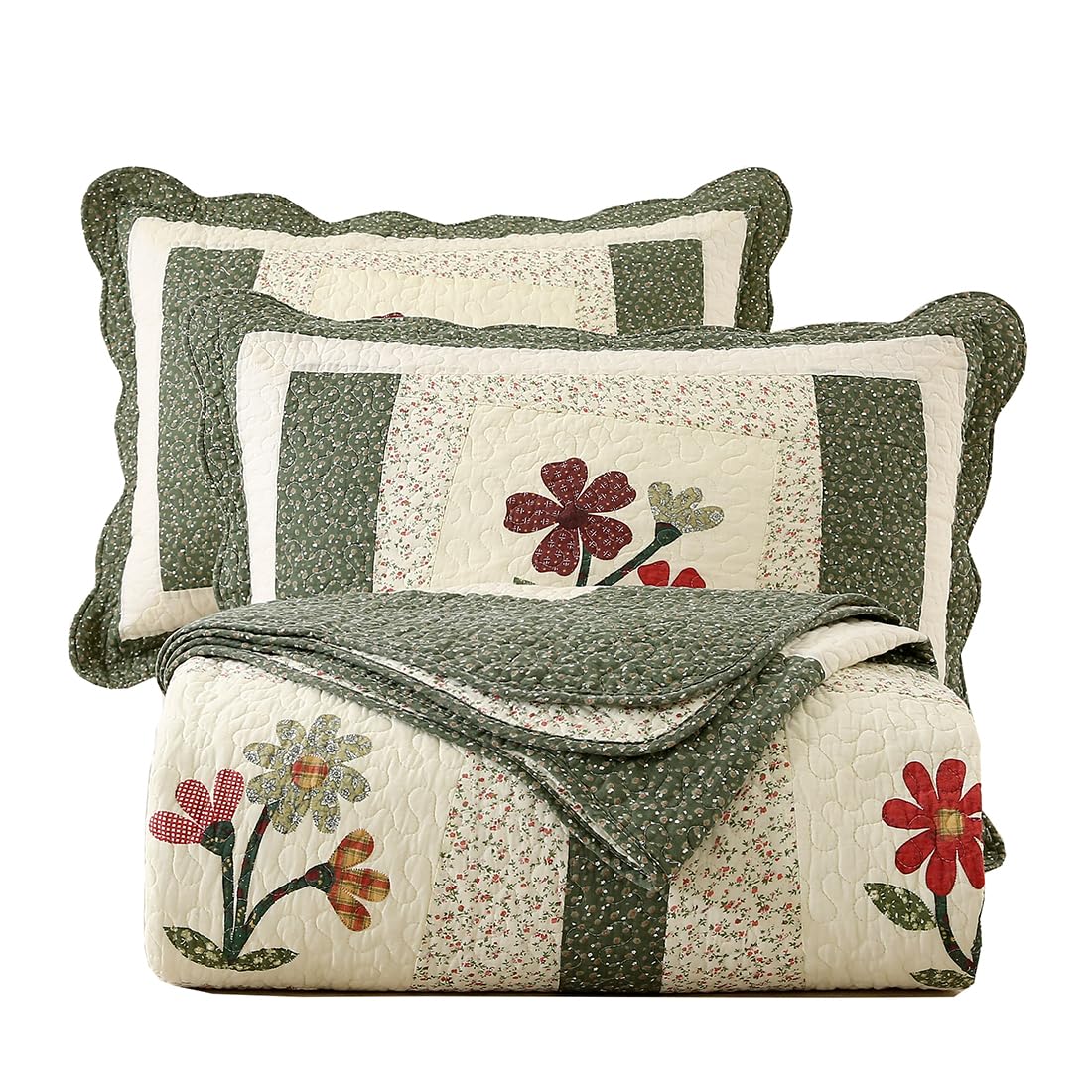 vctops Farmhouse Green 3 Piece Embroidered Floral Quilted Bedspread Quilt Set 100% Cotton Reversible Patchwork Coverlet Set 1 Quilt and 2 Pillow Shams (Green,Queen)