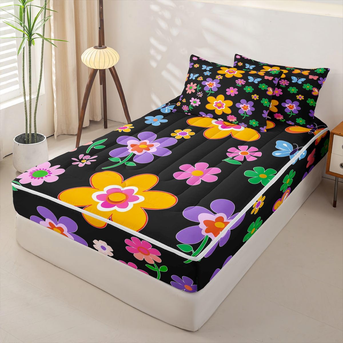 Feelyou Cute Flower Zipper Bedding for Kids Cartoon Botanical Floral Queen Comforter Set with Fitted Sheet 2 Pillowcases Aesthetic Flower Bed in a Bag Soft Lightweight Microfiber