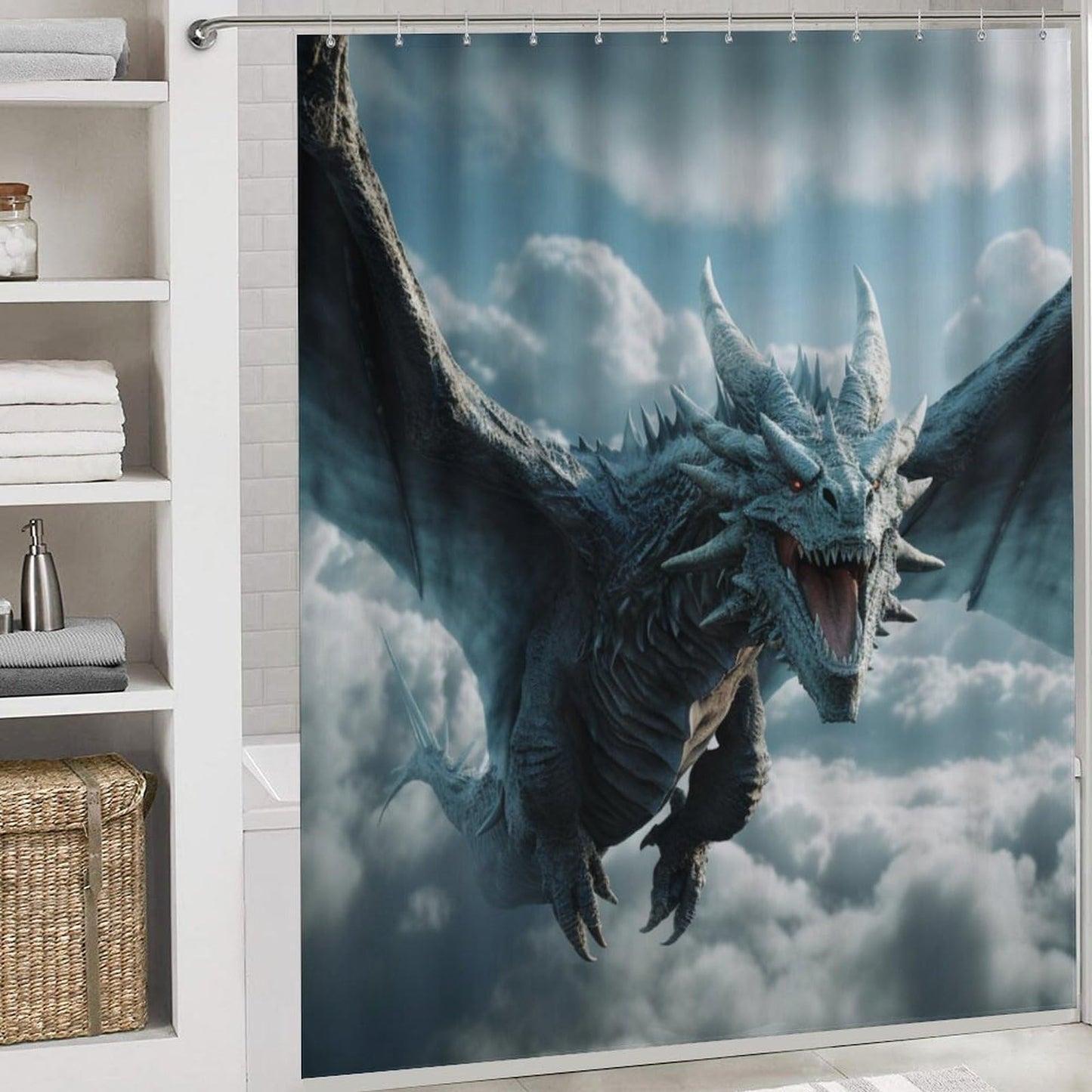 FOCCAFB 4Pcs Glam Cool Dragon Bathroom Sets with Shower Curtain Rugs Mats Fantasy Clouds Animal Bathroom Decorations Sets with Non Slip Rugs Toilet Lid Cover Bath Mat, Style-3