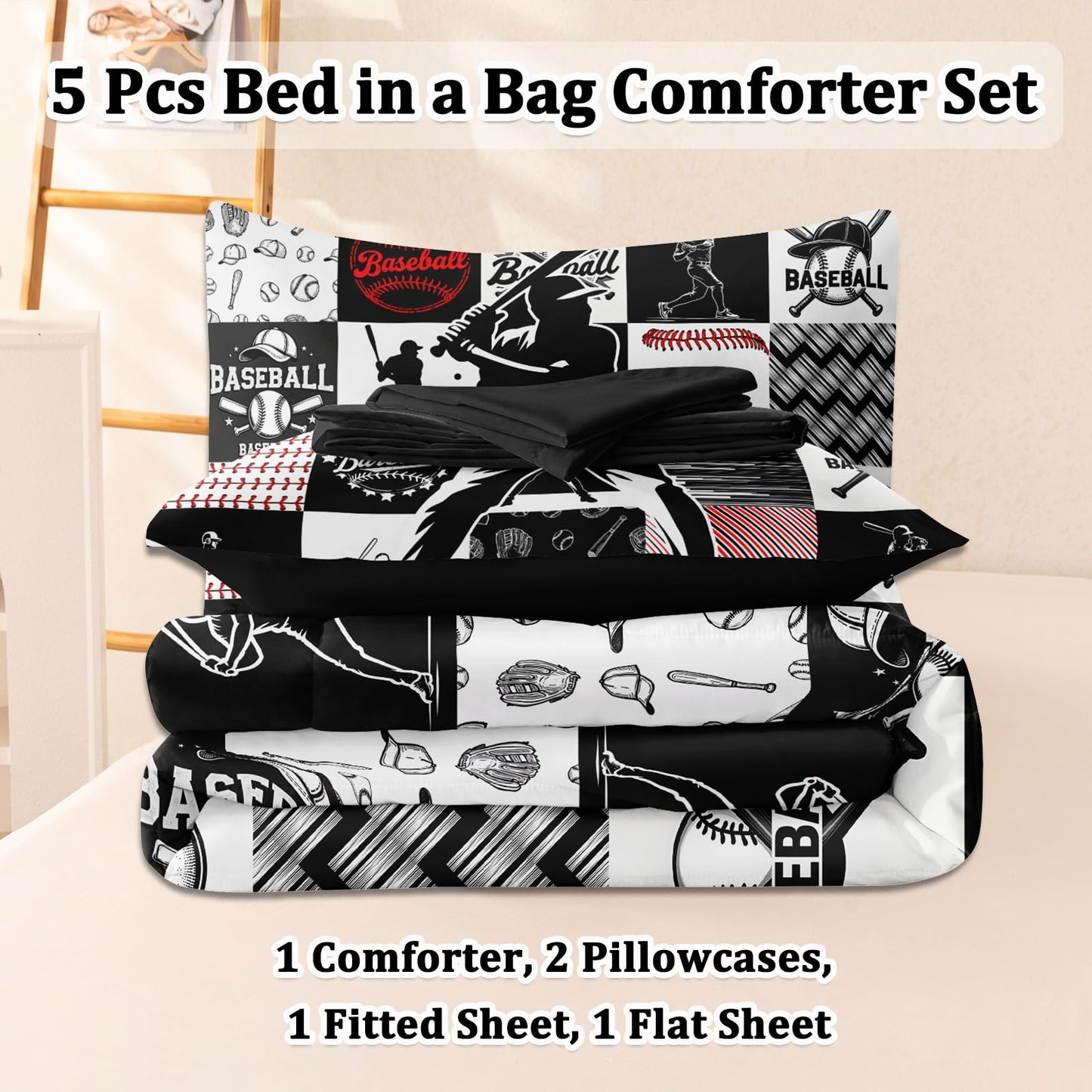 HICAND 5 Pcs Baseball Full Bedding Set for Boys Teens, Full Size Sports Cool Baseball Boys Comforter Set with Sheets