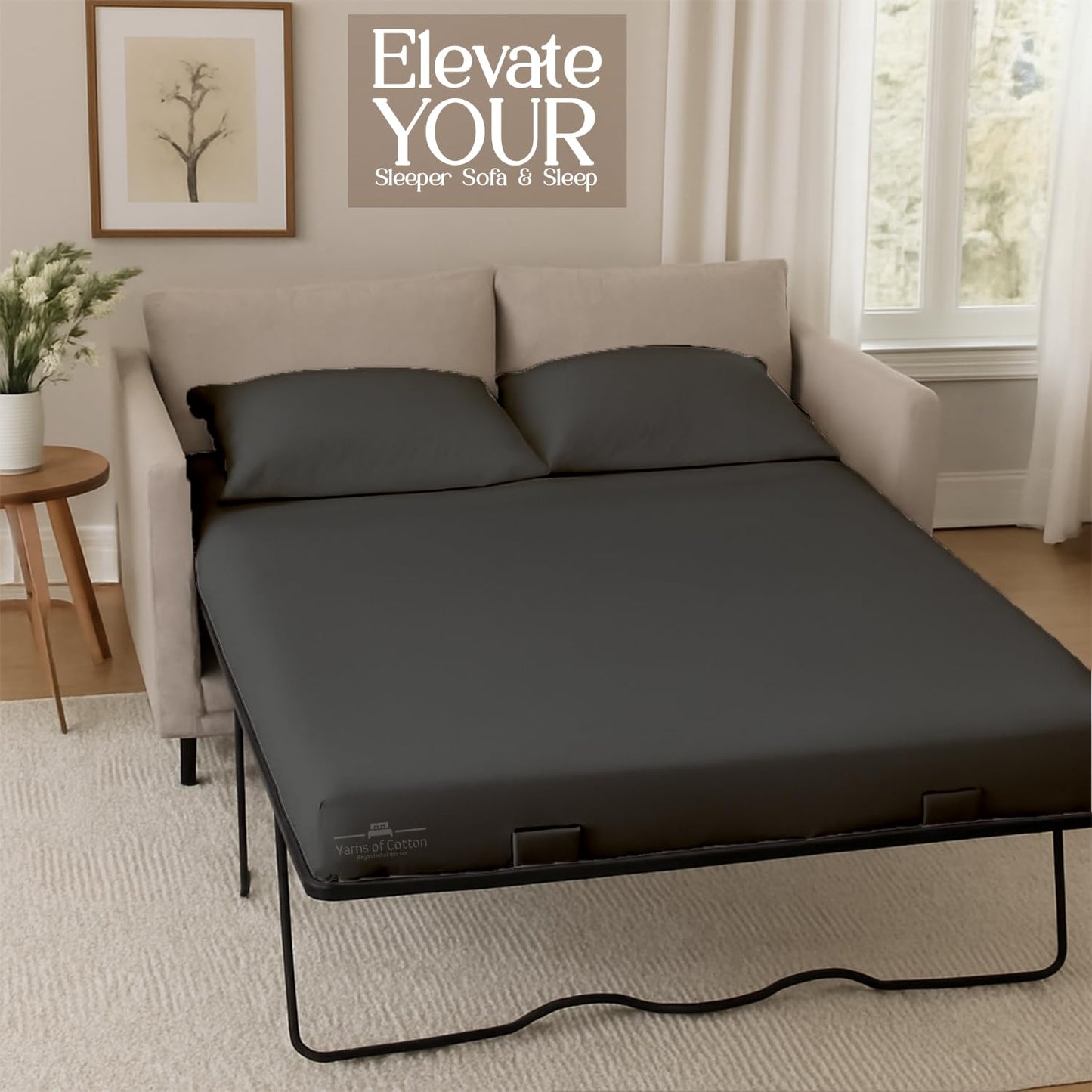 Sleeper Sofa Bed Sheet, 100% Cotton 400 Thread Count, 4 Piece Set, Deep Pocket Fitted Sheet, Soft Wrinkle Free & Breathable, Luxury Hotel Quality, Fits Up to 6 Inch Mattress (Full, Dark Grey)