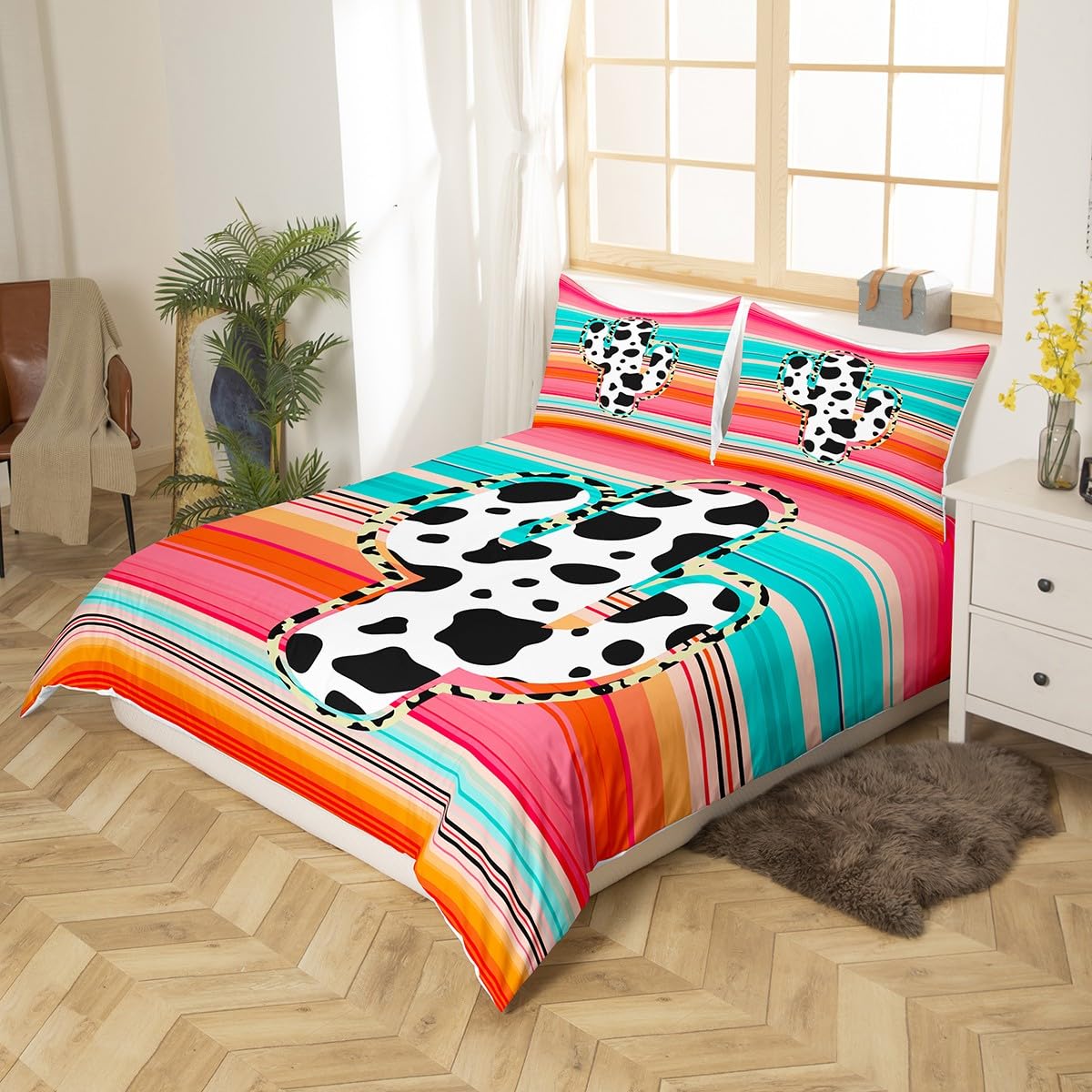 Manfei Cactus Duvet Cover Set Queen Size, Cow Print Cactus Bedding Set 3pcs for Kids Girls Teens, Red Blue Orange Gradient Comforter Cover Animal Print Quilt Cover with 2 Pillowcases,No Comforter