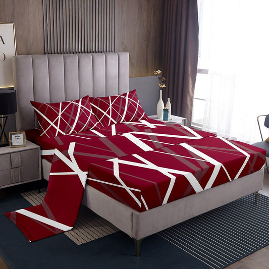jejeloiu Kids Sheet Set Queen Size, Brown Bed Sheets Set Boys Girls Geometric Bedding Set Stripes Teens Bedroom Decor Microfiber Soft Bed Set