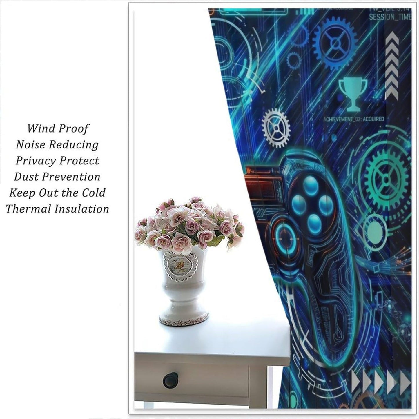 VUMIVI Gaming Curtains Futuristic Cyberpunk Neon Blue Game Controller Sci-Fi Mechanical Gear HUD Rod Pocket Window Treatments for Boys Bedroom Gamer Room Apartment Dorms Cafe 42" W X 44.5" L