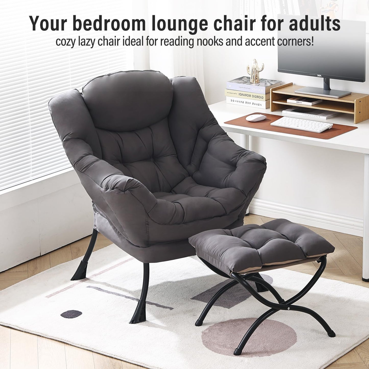 Furlide Lazy Chair with Ottoman, Modern Chair with Folding Footrest, Dark Grey Accent Chair, Comfortable Reading Chair, Oversized Armchairs for Bedroom, Study, Living Room, Courtyard