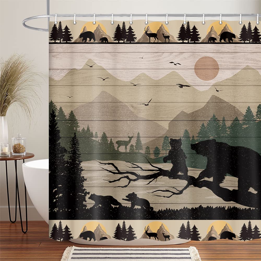 Rustic Cabin Shower Curtain for Bathroom, Cute Funny Bear Deer Forest Mountain on Brown Wooden Board Fabric Woodland Shower Curtains, Country Farmhouse Lodge Shower Curtain Set with 12 Hooks, 70X70IN