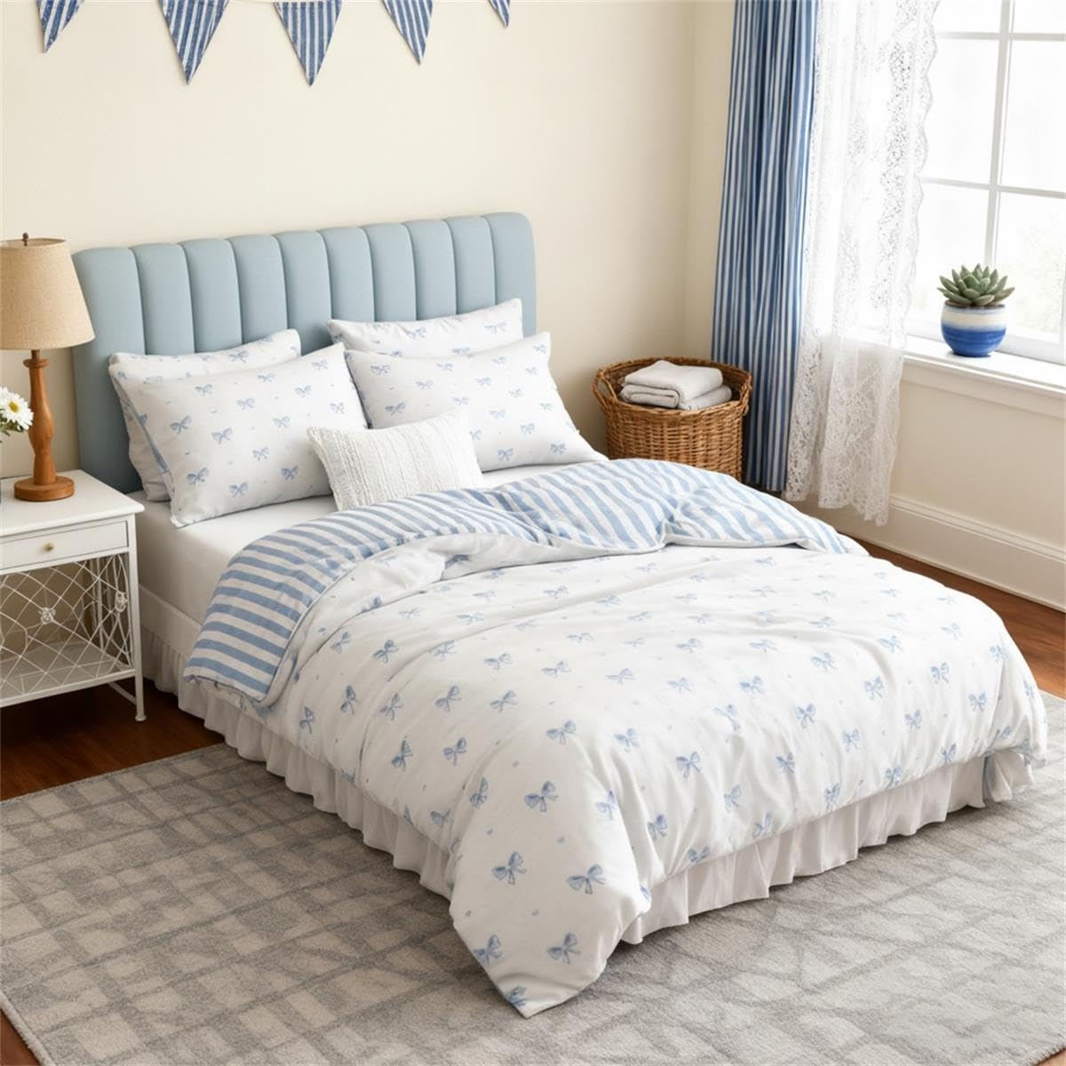 Sedefen Bow Duvet Cover Queen Size Blue Striped On White Bedding Set 3 Pieces Cute Heart Printed Stripe Reversible Princess Style Soft Breathable Microfiber Duvet Cover Set with Zipper Closure